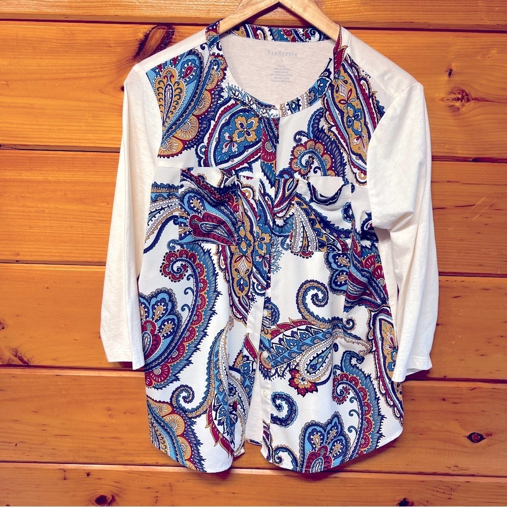 Van Heusen White and Blue Graphic 3/4 Sleeve button down Blouse Large Top